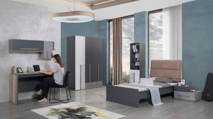 Graues Jugendzimmer Kleiderschrank Bücherregal Kinderzimmer Bett 5tlg