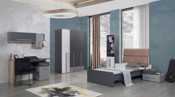 Graues Jugendzimmer Kleiderschrank Bücherregal Kinderzimmer Bett 5tlg