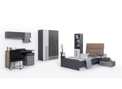Graues Jugendzimmer Kleiderschrank Bücherregal Kinderzimmer Bett 5tlg
