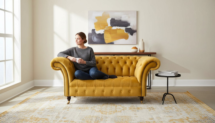 Sessel Chesterfield Möbel Set 2x Einsitzer Set Couch Sofa Gelb Textil
