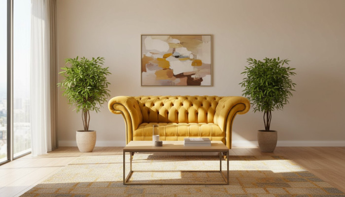 Sessel Chesterfield Möbel Set 2x Einsitzer Set Couch Sofa Gelb Textil