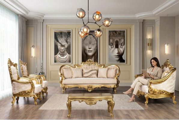 Goldene Sofagarnitur Couch Set 5tlg mit Couchtisch Chesterfield Barock