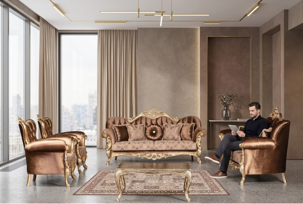 Goldene Samt Couch Set Chesterfield Sofagarnitur Sofa Möbel Holz 5tlg