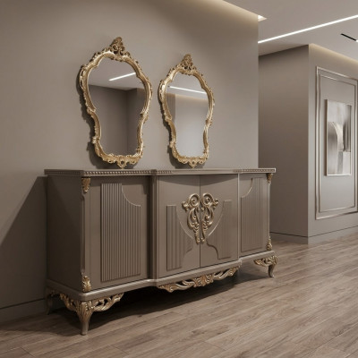 Anrichte mit Spiegel Taupe Braun Holz Schrank Sideboard Anrichten 2tlg