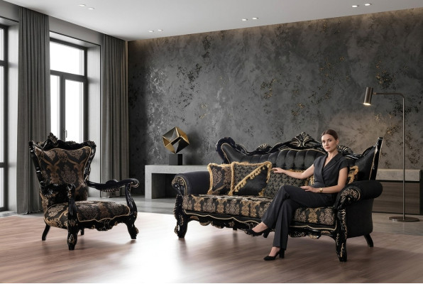 2tlg.Sofagarnitur für das Wohnzimmer 3+1 Sitzeschwarzes Sofa und Sessel Goldmuster