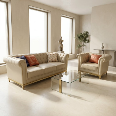 Luxus Sofa Beige Sofagarnitur Sofas Sessel 3+1 Sitzer Stoff Design