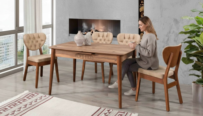 Beige Esszimmer Garnitur Luxus Set 4x Stühle Chesterfield Neu