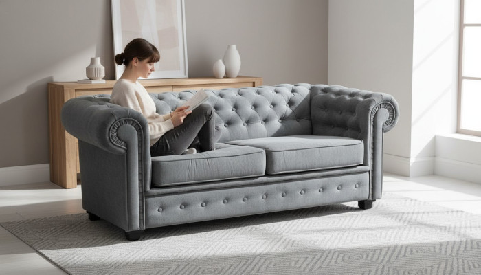Graue Chesterfield Couch Polster Möbel Zweisitzer Couchen Sofas Stoff Textil