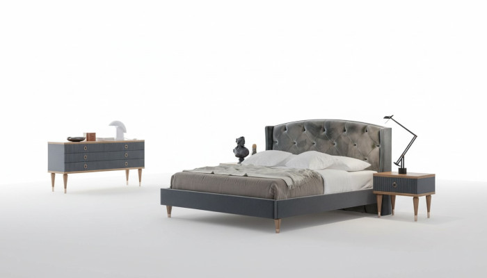 Graue Schlafzimmer Garnitur Luxus Set Doppelbett 2x Nachttische Kommode