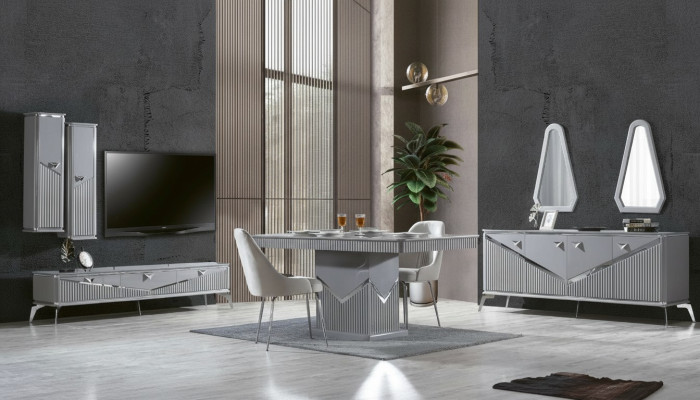 Graues moderner Esszimmer Set 4x Stuhl Spiegel Sideboard Regal 9tlg
