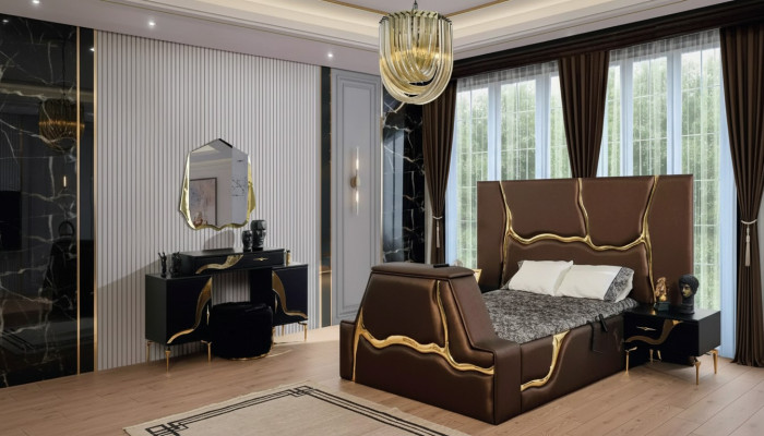 Luxus Schlafzimmer Set Bett Nachttisch Gold Schminktisch Nachttische 5tlg