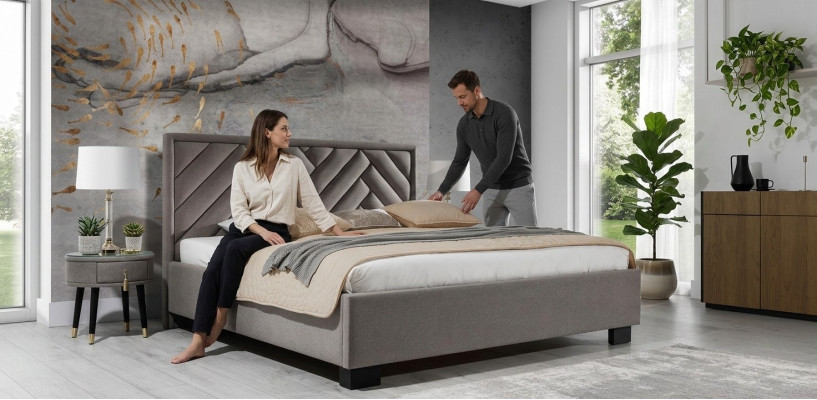 Schlafzimmer Set Grau Bett Holz 2x Nachttische Elegantes Modern Schön Neu 3tlg.