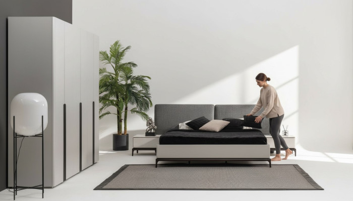 Bett Polster Design Luxus Doppel Hotel Betten Holz Möbel Hellgrau Loft