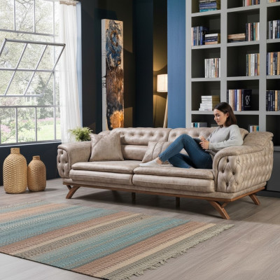 Chesterfield 3 Sitzer Beige Design Couchen Polster Sofas Textil Couch
