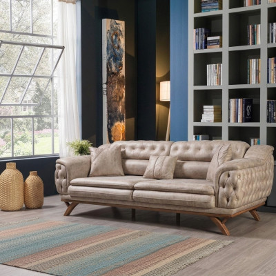 Chesterfield 3 Sitzer Beige Design Couchen Polster Sofas Textil Couch