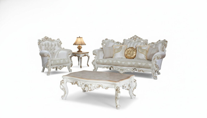 Chesterfield Sofa Polster Garnitur 3+1 Sitz Weiß Textil Dreisitzer Couchtisch