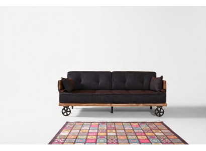 Schwarze Stoff Couch auf Rädern Loft Design mit Holz Korpus Sofa Möbel 