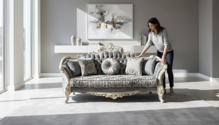 Barock Sofa 3 Sitz Grau Wohnzimmer Klassisch Design Sofa Couch Textil