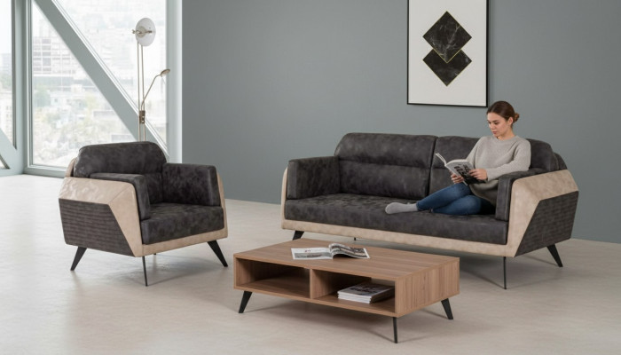 Moderne Sofagarnitur Dreisitzer Couch Sessel Stoffmöbel Neu Set Design 3+1