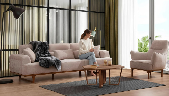 Beige Sofagarnitur Dreisitzer Sessel Luxus Sessel Beige Moderne Möbel