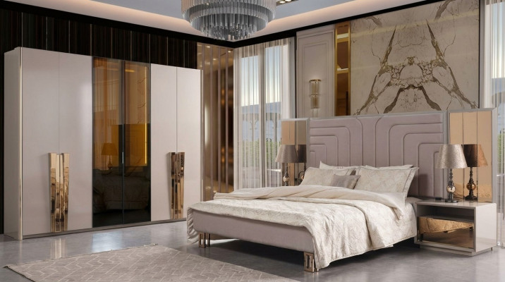 Garnitur Doppelbett Bett Beige Holz Luxus Modern Schlafzimmer Set 3tlg