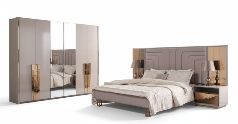 Garnitur Doppelbett Bett Beige Holz Luxus Modern Schlafzimmer Set 3tlg