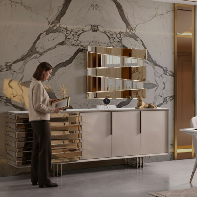 Anrichte Sideboard Kommode Holz Schrank Beige Gold Luxus Wohnzimmer