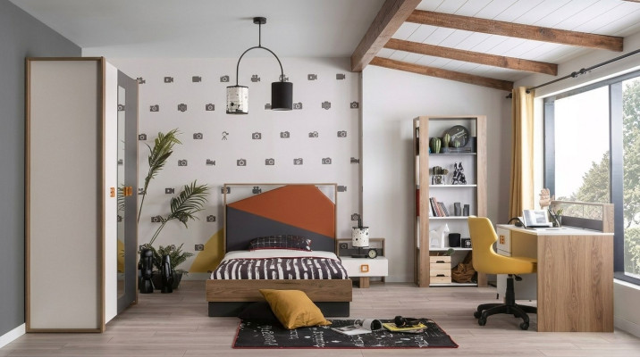 Kinderzimmer Garnitur Bettrahmen Bett Set Schreibtisch Grau 5tlg Holz