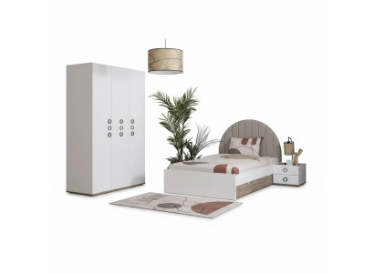 Kinderzimmer Jugendbett Garnitur Nachttisch Bett Holz Weiß Set 3tlg