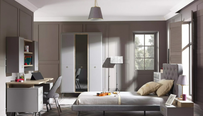 Komplete Jugendbett Kindermöbel Kinderzimmer Bett Holz Grau Set 5tlg