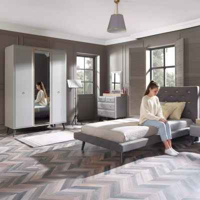 Komplette Jugendbett Schlafzimmermöbel Holzbett Bett Grau Set 4tlg