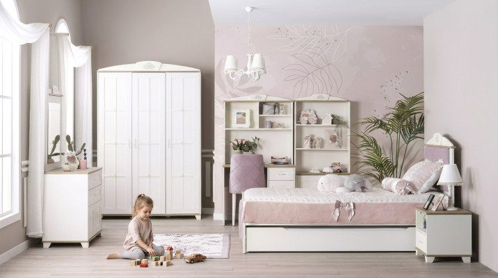 Komplete Jugendbett Kindermöbel Kinderzimmer Bett Holz Rosa Set 8tlg