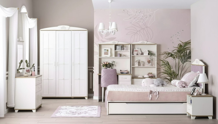 Komplete Jugendbett Kindermöbel Kinderzimmer Bett Holz Rosa Set 8tlg