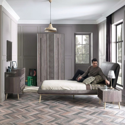 Garnitur Polsterbett Jugendbett Bettrahmen Bett Set 5tlg Holz Grau Neu