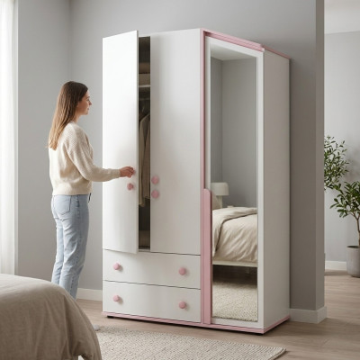 Design Kleiderschrank Holzschrank Schrank Möbel Holz Spiegel Weiß Neu