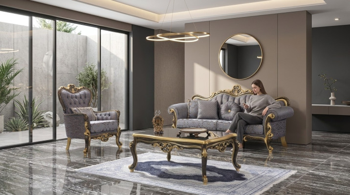 Chesterfield Sofagarnitur Polstersofa Sofa Blau Dreisitzer Sessel Set