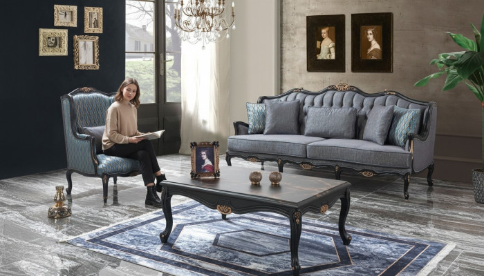 Chesterfield Sofagarnitur Dreisitzer Sessel Stoff Couchtisch Blau Neu