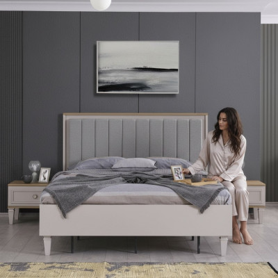 Garnitur Doppelbett Schlafzimmer Bett Nachttische Grau Holz Set 3tlg