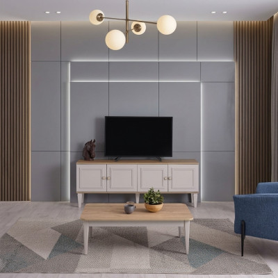 Garnitur Wohnzimmer TV Ständer Couchtisch Holz Grau RTV Lowboard Set