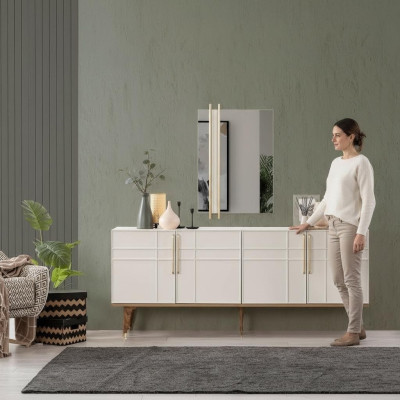 Anrichte Garnitur Sideboard mit Spiegel Kommoden Esszimmer Holz Weiß