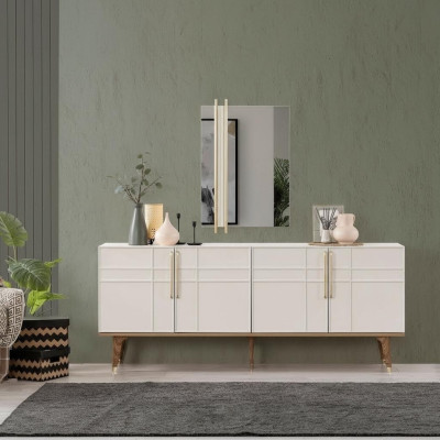 Anrichte Garnitur Sideboard mit Spiegel Kommoden Esszimmer Holz Weiß