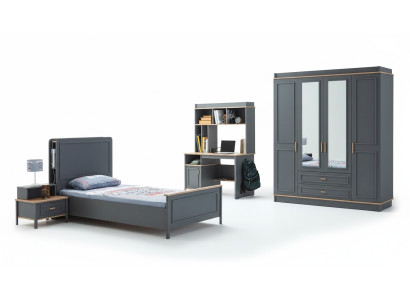 Garnitur Kinderzimmer Bett Kinderbett Kindermöbel Grau Holz Set 4tlg