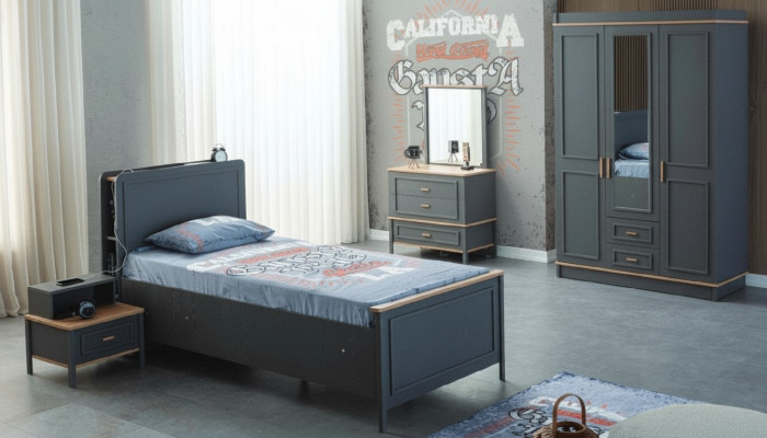 Kinderbett Kinderzimmer Kindermöbel Garnitur Bett Grau Holz Set 5tlg