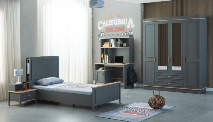 Kinderzimmermöbel Kinderzimmer Bett Kinderbett Grau Holz Set 4tlg