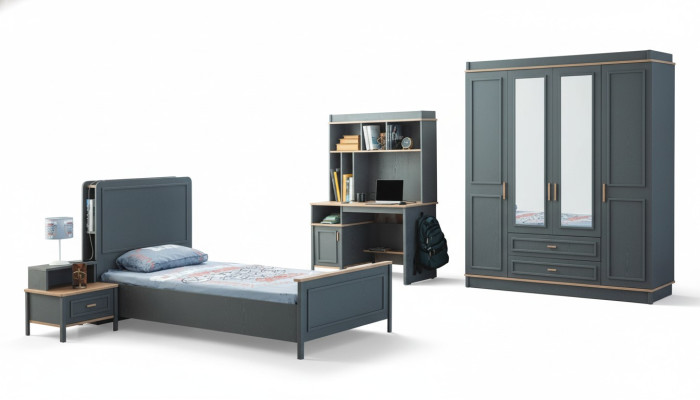 Kinderzimmermöbel Kinderzimmer Bett Kinderbett Grau Holz Set 4tlg