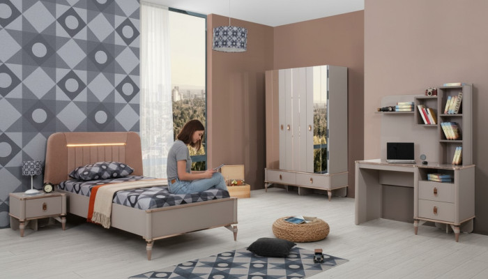 Kindermöbel Mädchen Kinderzimmer Bett Kinderbett Beige Holz Set 4tlg