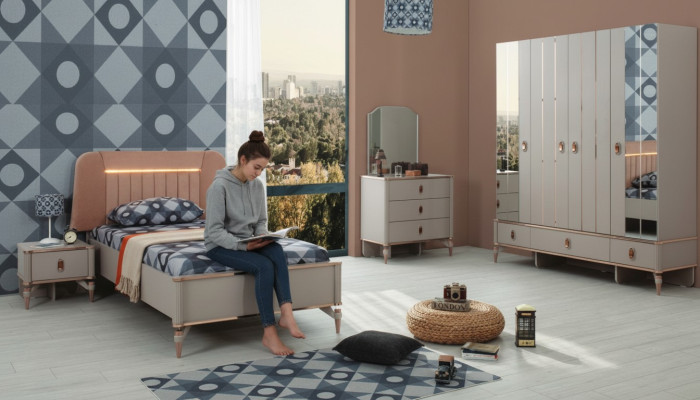 Komplette Jugenbett Kindermöbel Kinderbett Beige Holz Set 5tlg Modern