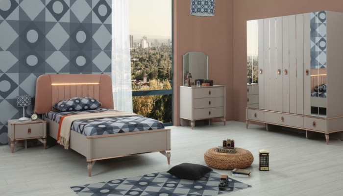 Komplette Jugenbett Kindermöbel Kinderbett Beige Holz Set 5tlg Modern