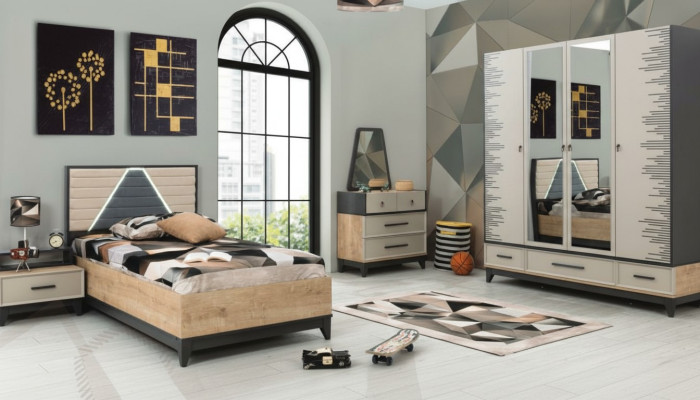 Garnitur Kinderzimmer Bett Kinderbett Braun Holz Sets Jugenbett 5tlg