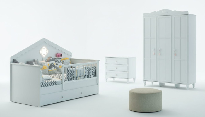 Kinderbettchen Garnitur Kinderlaufstall Bettchen Weiß Holz Set 3tlg